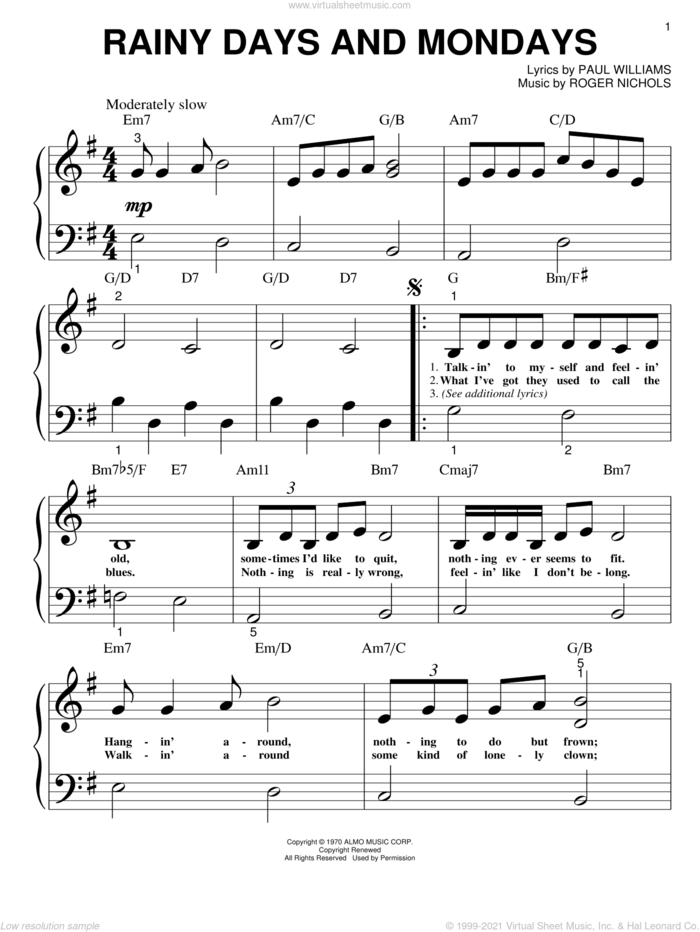 Rainy Days And Mondays sheet music for piano solo (big note book) by Carpenters, Paul Williams and Roger Nichols, easy piano (big note book)