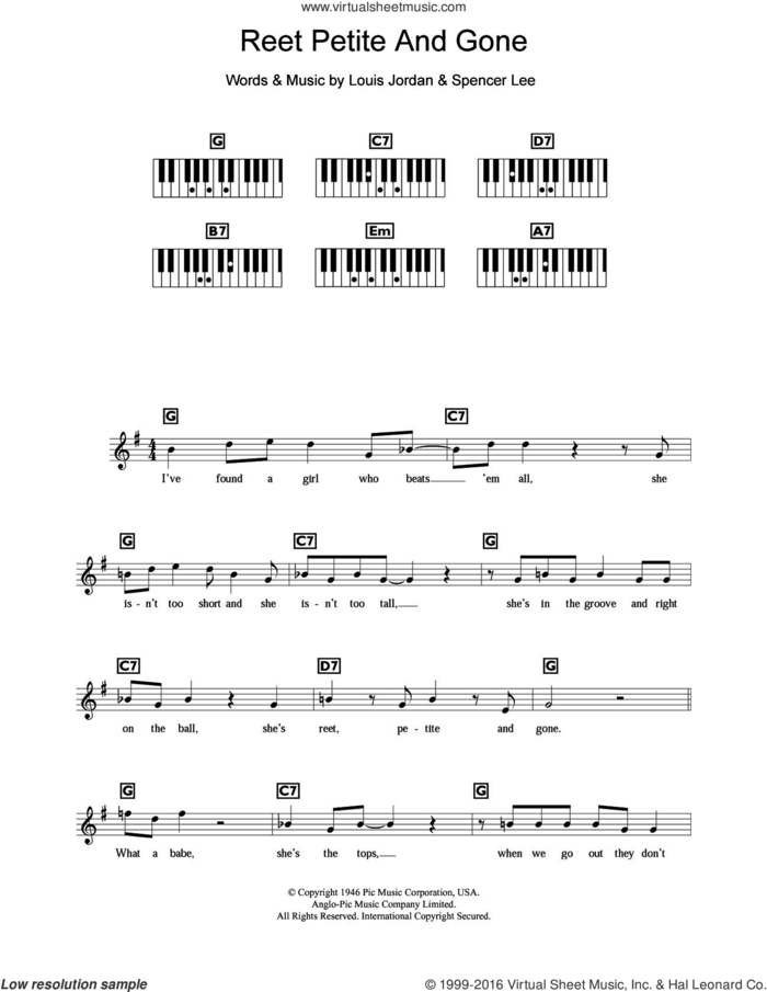 Reet Petite And Gone sheet music for piano solo (chords, lyrics, melody) by Louis Jordan and Spencer Lee, intermediate piano (chords, lyrics, melody)