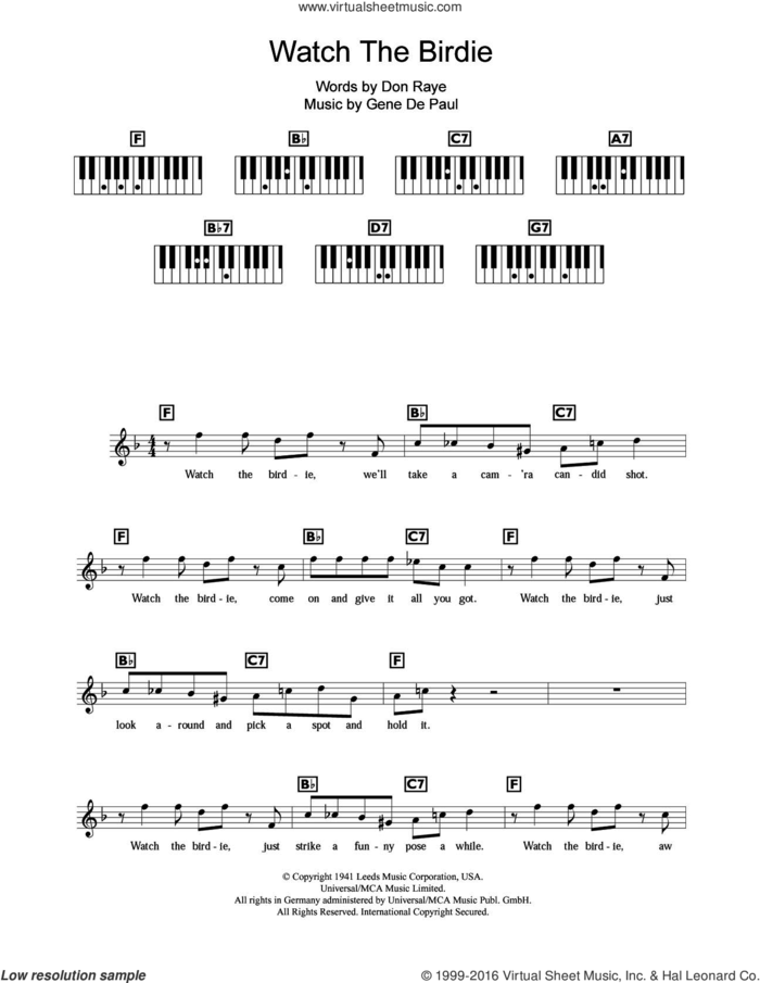 Watch The Birdie sheet music for piano solo (chords, lyrics, melody) by Don Raye and Gene DePaul, intermediate piano (chords, lyrics, melody)