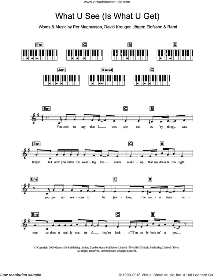What U See (Is What U Get) sheet music for piano solo (chords, lyrics, melody) by Britney Spears, David Kreuger, Jorgen Elofsson, Per Magnusson and Rami, intermediate piano (chords, lyrics, melody)