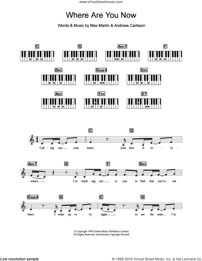 Where Are You Now sheet music for piano solo (chords, lyrics, melody) by Britney Spears, Andreas Carlsson and Max Martin, intermediate piano (chords, lyrics, melody)