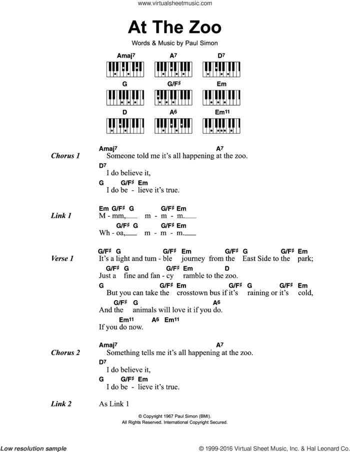 At The Zoo sheet music for piano solo (chords, lyrics, melody) by Simon & Garfunkel and Paul Simon, intermediate piano (chords, lyrics, melody)