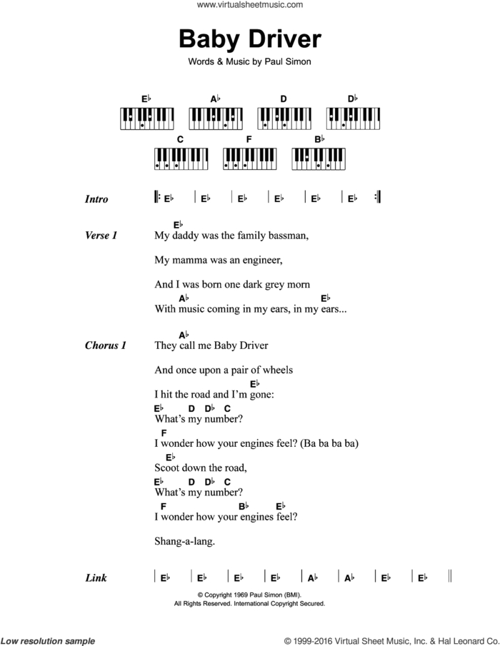 Baby Driver sheet music for piano solo (chords, lyrics, melody) by Simon & Garfunkel and Paul Simon, intermediate piano (chords, lyrics, melody)