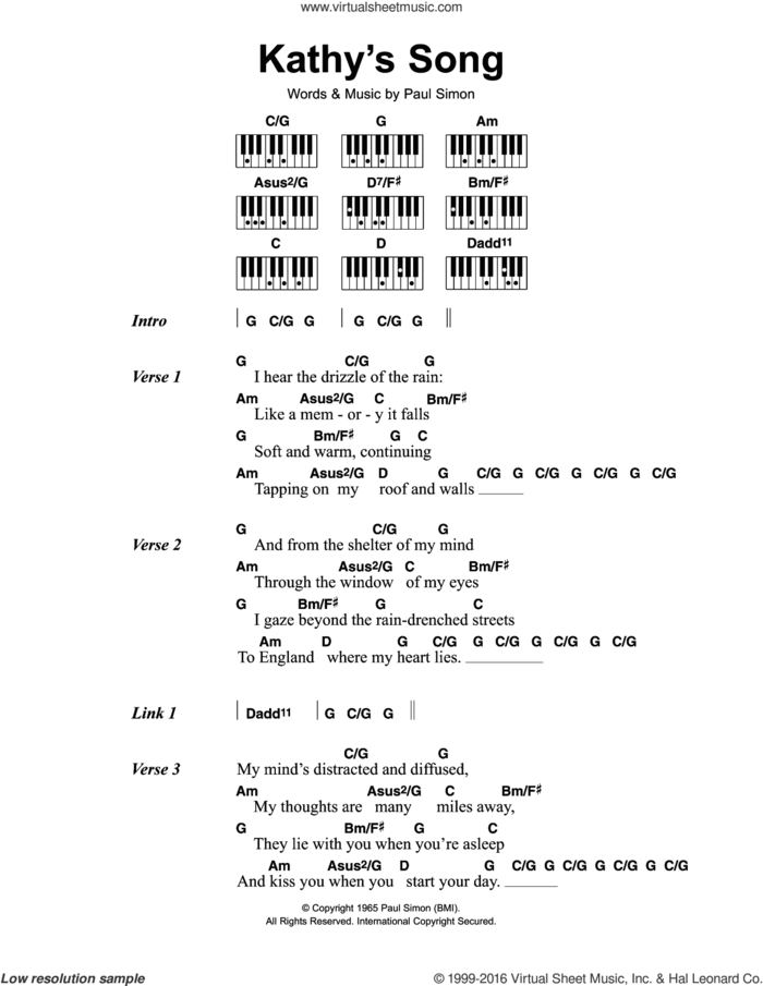 Kathy's Song sheet music for piano solo (chords, lyrics, melody) by Simon & Garfunkel and Paul Simon, intermediate piano (chords, lyrics, melody)