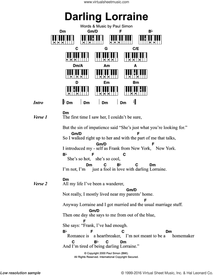 Darling Lorraine sheet music for piano solo (chords, lyrics, melody) by Paul Simon, intermediate piano (chords, lyrics, melody)