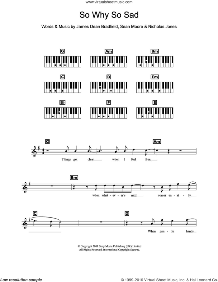 So Why So Sad sheet music for piano solo (chords, lyrics, melody) by Manic Street Preachers, James Dean Bradfield, Nick Jones and Sean Moore, intermediate piano (chords, lyrics, melody)