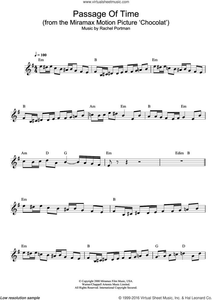 Passage Of Time (from Chocolat) sheet music for voice and other instruments (fake book) by Rachel Portman, intermediate skill level