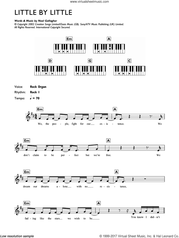 Little By Little sheet music for piano solo (chords, lyrics, melody) by Oasis and Noel Gallagher, intermediate piano (chords, lyrics, melody)