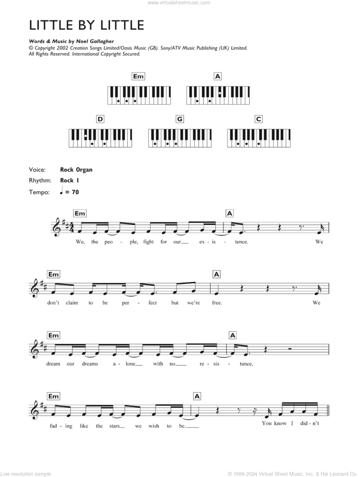 Little By Little sheet music for piano solo (chords, lyrics, melody) by Oasis and Noel Gallagher, intermediate piano (chords, lyrics, melody)