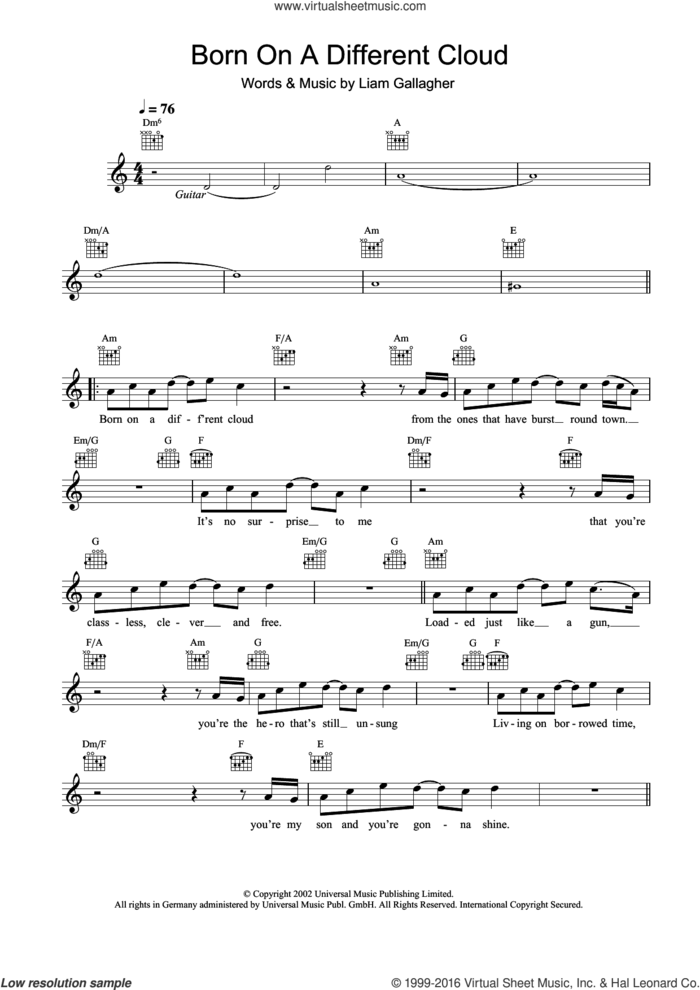 Born On A Different Cloud sheet music for voice and other instruments (fake book) by Oasis and Liam Gallagher, intermediate skill level