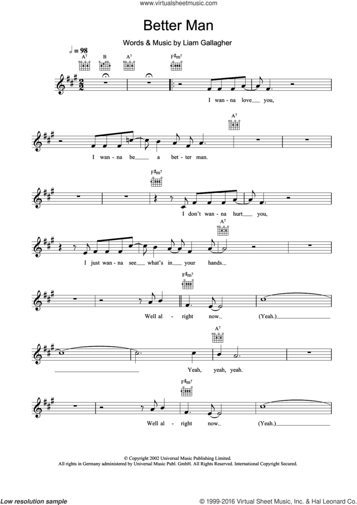 Better Man sheet music for voice and other instruments (fake book) by Oasis and Liam Gallagher, intermediate skill level