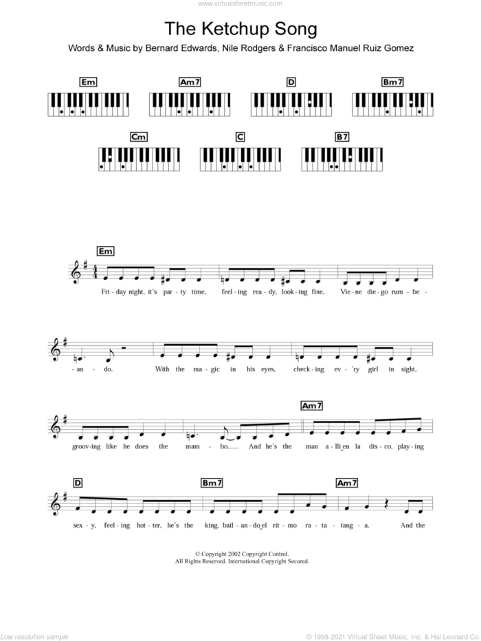The Ketchup Song (Asereje) sheet music for piano solo (chords, lyrics, melody) by Las Ketchup, Bernard Edwards, Francisco Manuel Ruiz Gomez and Nile Rodgers, intermediate piano (chords, lyrics, melody)