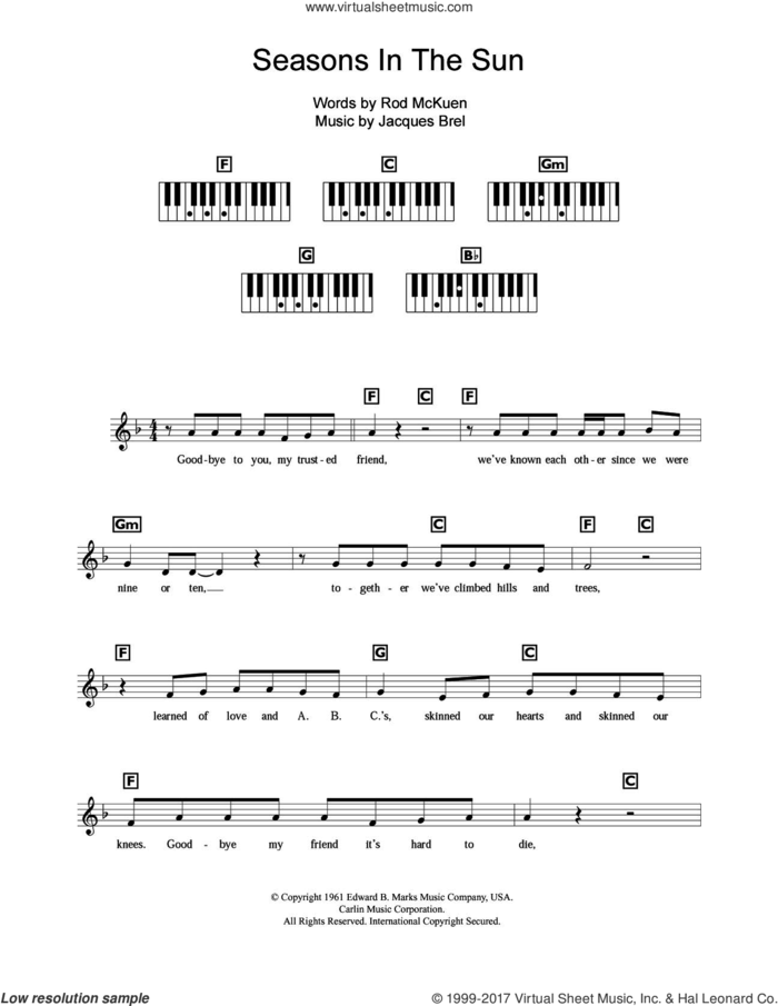 Seasons In The Sun sheet music for piano solo (chords, lyrics, melody) by Westlife, Jacques Brel and Rod McKuen, intermediate piano (chords, lyrics, melody)