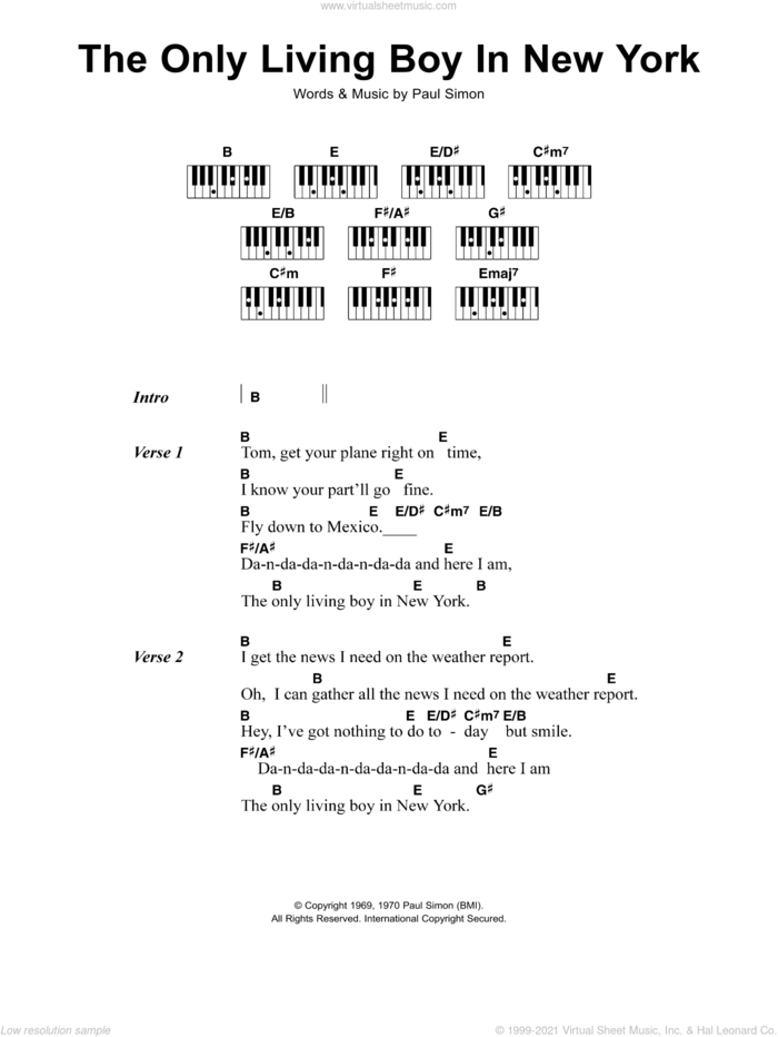 The Only Living Boy In New York sheet music for piano solo (chords, lyrics, melody) by Simon & Garfunkel and Paul Simon, intermediate piano (chords, lyrics, melody)