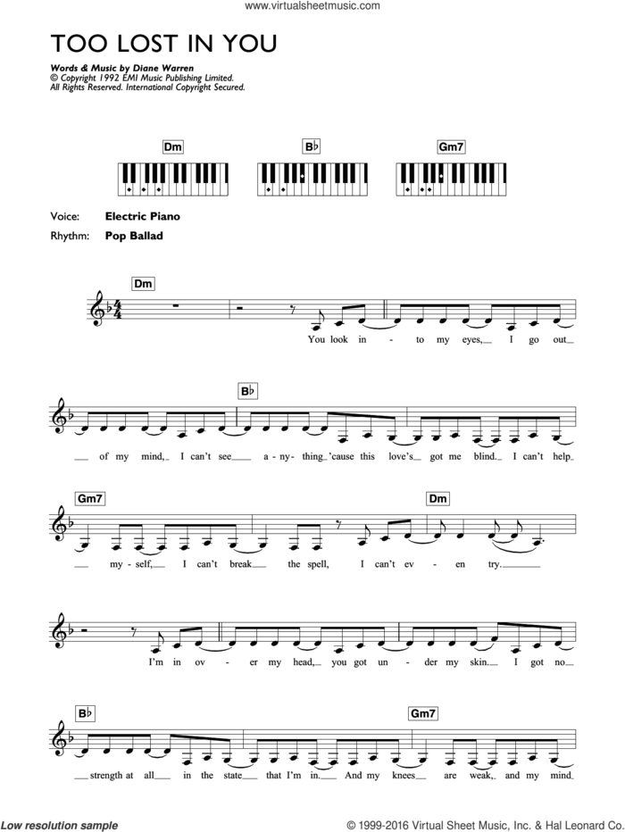 Too Lost In You sheet music for piano solo (chords, lyrics, melody) by Sugababes and Diane Warren, intermediate piano (chords, lyrics, melody)