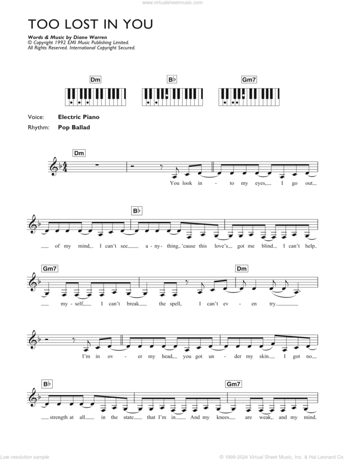 Too Lost In You sheet music for piano solo (chords, lyrics, melody) by Sugababes and Diane Warren, intermediate piano (chords, lyrics, melody)