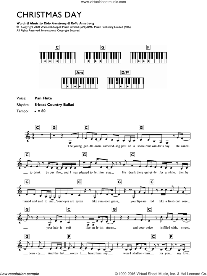 Christmas Day sheet music for piano solo (chords, lyrics, melody) by Dido Armstrong and Rollo Armstrong, intermediate piano (chords, lyrics, melody)