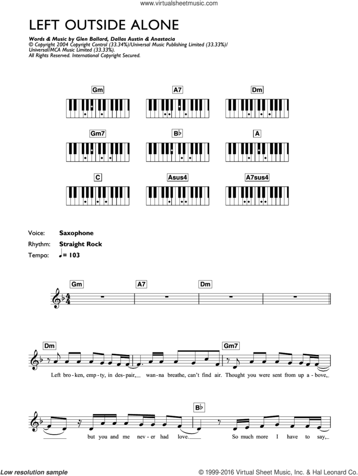 Left Outside Alone sheet music for piano solo (chords, lyrics, melody) by Anastacia, Dallas Austin and Glen Ballard, intermediate piano (chords, lyrics, melody)