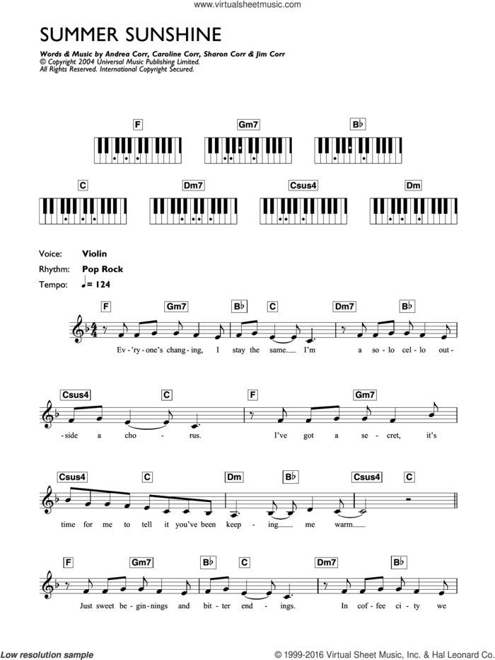 Summer Sunshine sheet music for piano solo (chords, lyrics, melody) by The Corrs, Andrea Corr, Caroline Corr, Jim Corr and Sharon Corr, intermediate piano (chords, lyrics, melody)