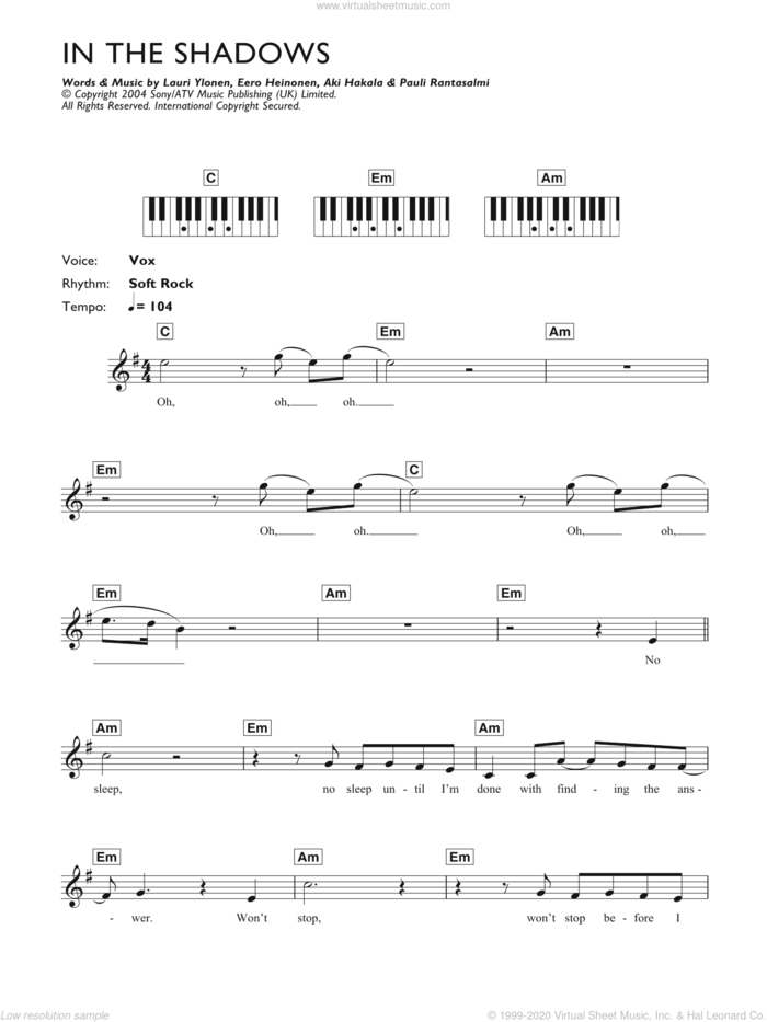 In The Shadows sheet music for piano solo (chords, lyrics, melody) by The Rasmus, Aki Hakala, Eero Heinonen, Lauri Ylonen and Pauli Rantasalmi, intermediate piano (chords, lyrics, melody)