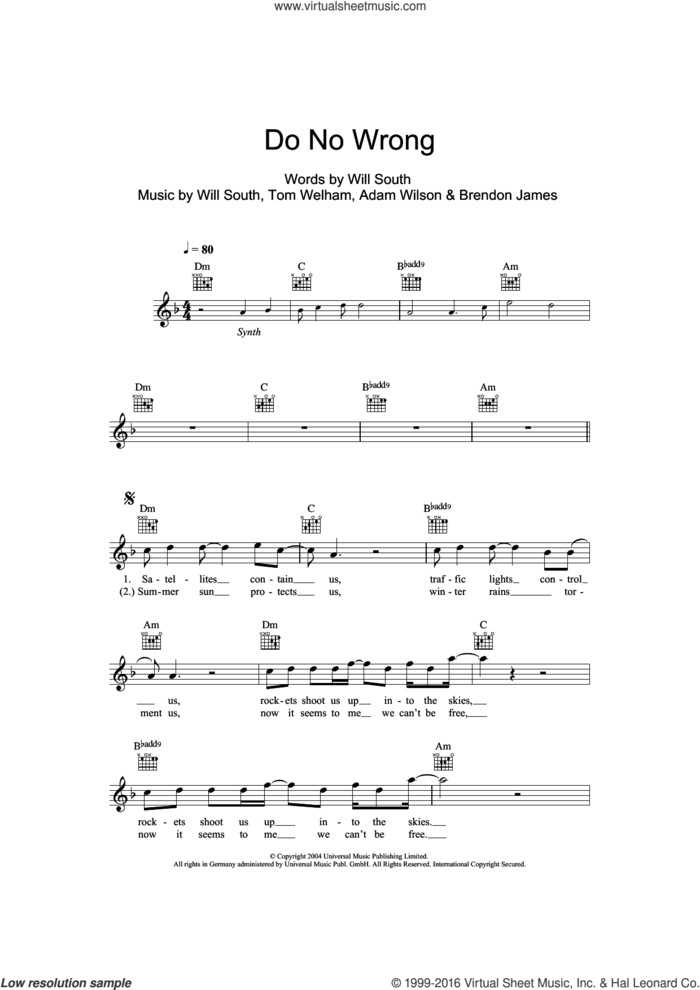 Do No Wrong sheet music for voice and other instruments (fake book) by Thirteen Senses, Adam Wilson, Brendon James, Tom Welham and Will South, intermediate skill level