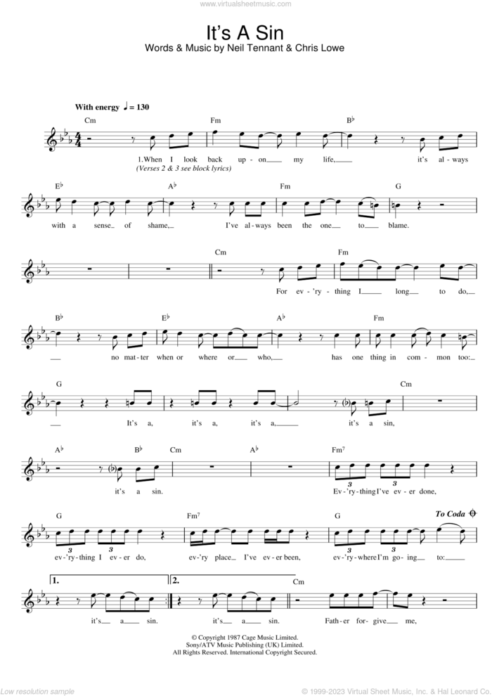 It's A Sin sheet music for voice and other instruments (fake book) by Pet Shop Boys, Chris Lowe and Neil Tennant, intermediate skill level