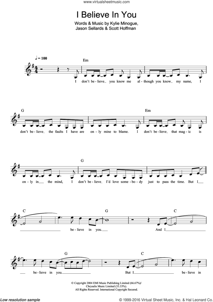 I Believe In You sheet music for voice and other instruments (fake book) by Kylie Minogue, Jason Sellards and Scott Hoffman, intermediate skill level