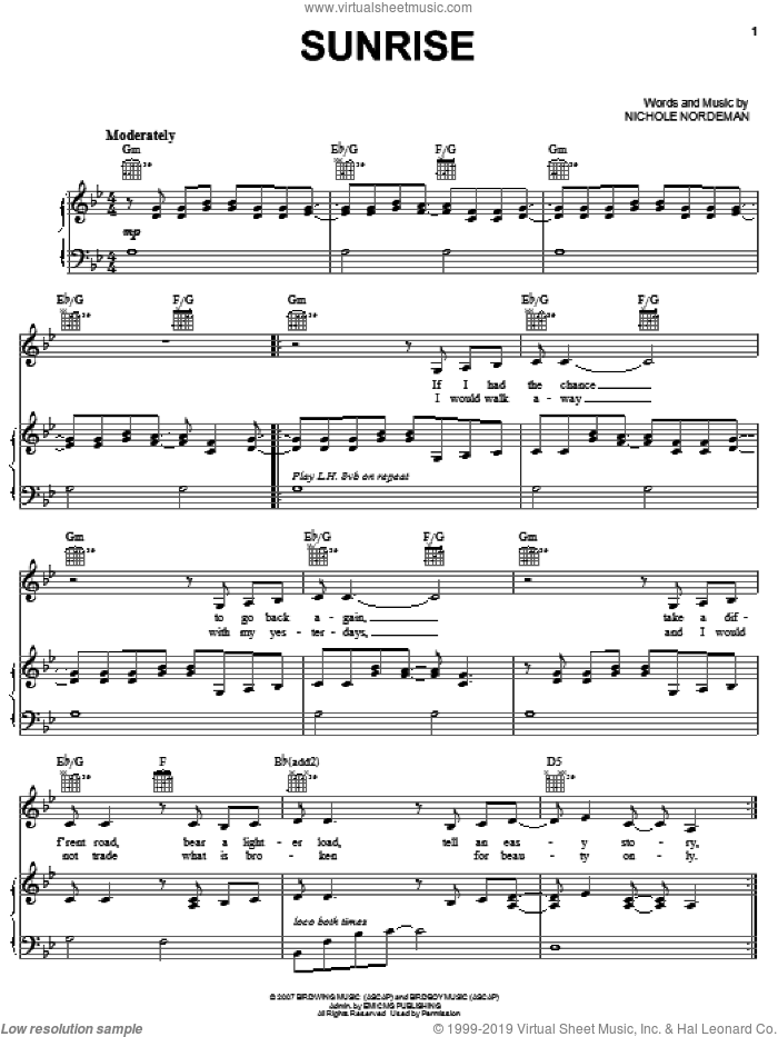 Sunrise sheet music for voice, piano or guitar by Nichole Nordeman, intermediate skill level
