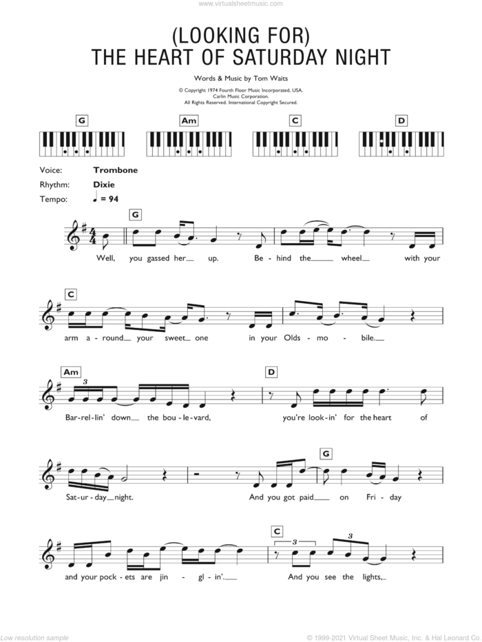 (Looking For) The Heart Of Saturday Night sheet music for piano solo (chords, lyrics, melody) by Tom Waits and Shawn Colvin, intermediate piano (chords, lyrics, melody)