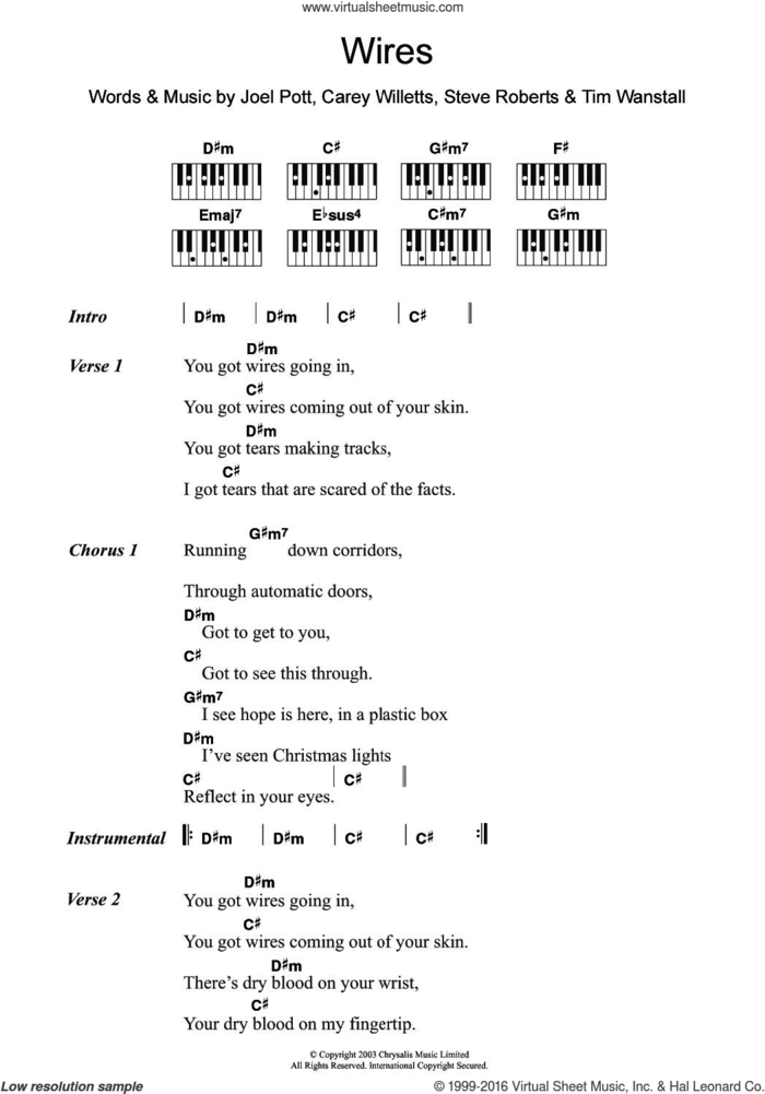 Wires sheet music for piano solo (chords, lyrics, melody) by Athlete, Carey Willetts, Joel Pott, Steve Roberts and Tim Wanstall, intermediate piano (chords, lyrics, melody)