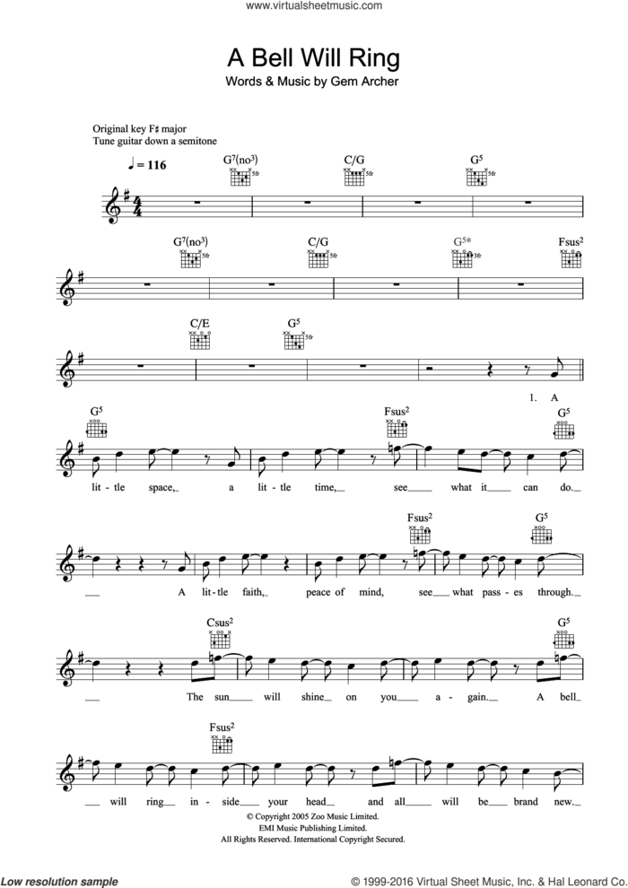 A Bell Will Ring sheet music for voice and other instruments (fake book) by Oasis and Gem Archer, intermediate skill level
