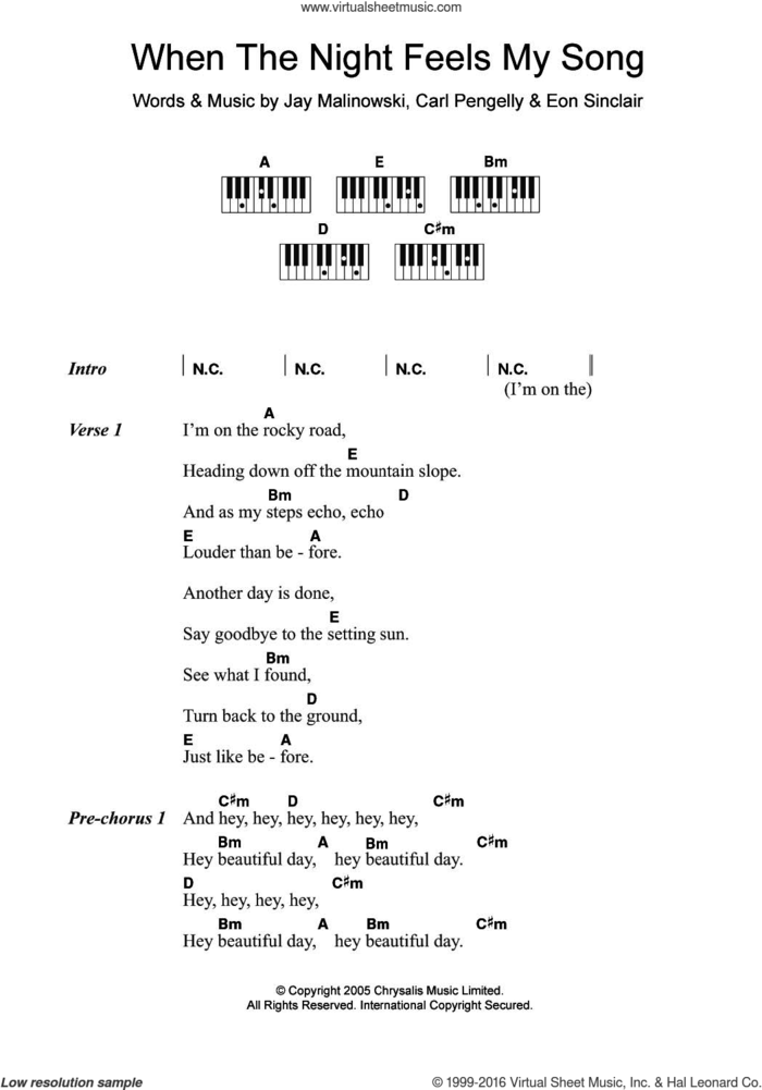 When The Night Feels My Song sheet music for piano solo (chords, lyrics, melody) by Bedouin Soundclash, Carl Pengelly, Eon Sinclair and Jay Malinowski, intermediate piano (chords, lyrics, melody)