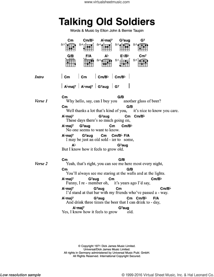 Talking Old Soldiers sheet music for guitar (chords) by Elton John and Bernie Taupin, intermediate skill level