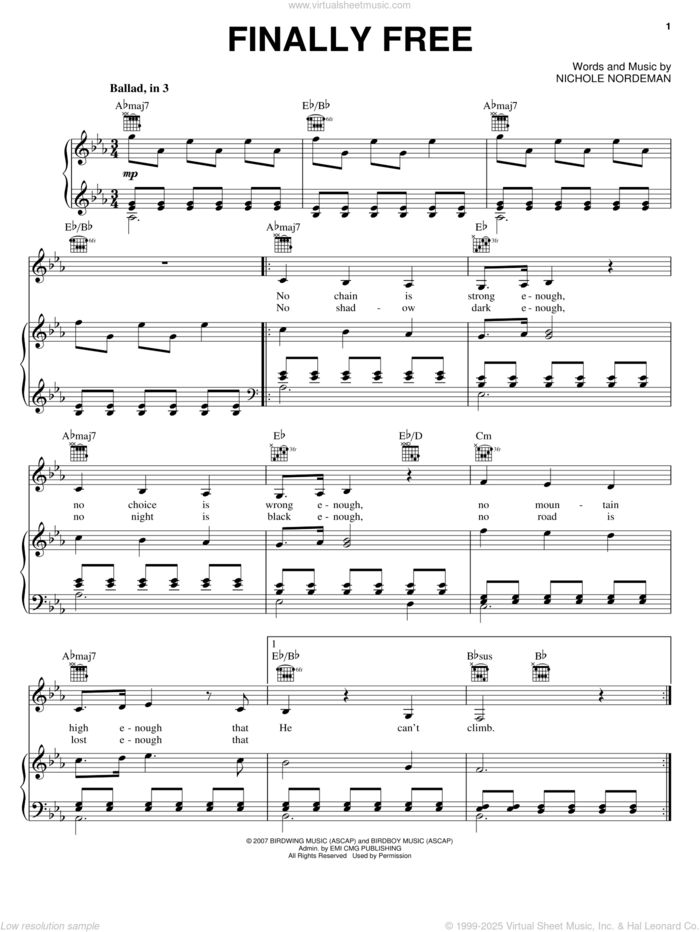 Finally Free sheet music for voice, piano or guitar by Nichole Nordeman, intermediate skill level