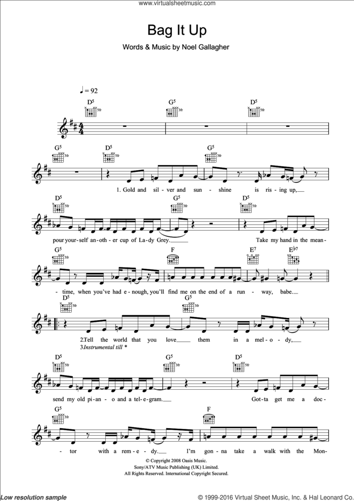 Bag It Up sheet music for voice and other instruments (fake book) by Oasis and Noel Gallagher, intermediate skill level