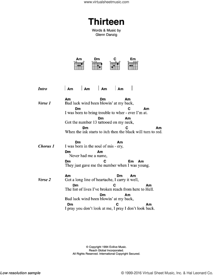 Thirteen sheet music for guitar (chords) by Johnny Cash and Glenn Danzig, intermediate skill level