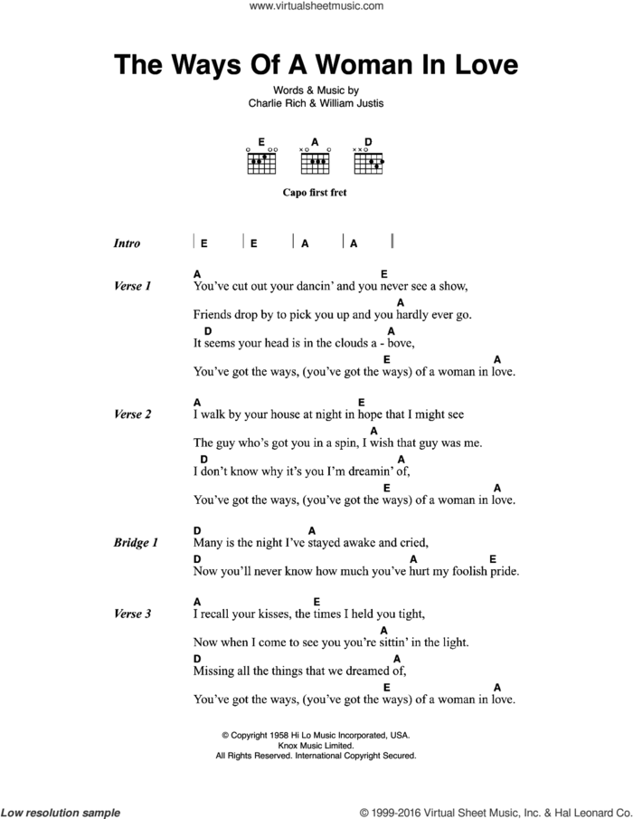 The Ways Of A Woman In Love sheet music for guitar (chords) by Johnny Cash, Charlie Rich and William Justis, intermediate skill level