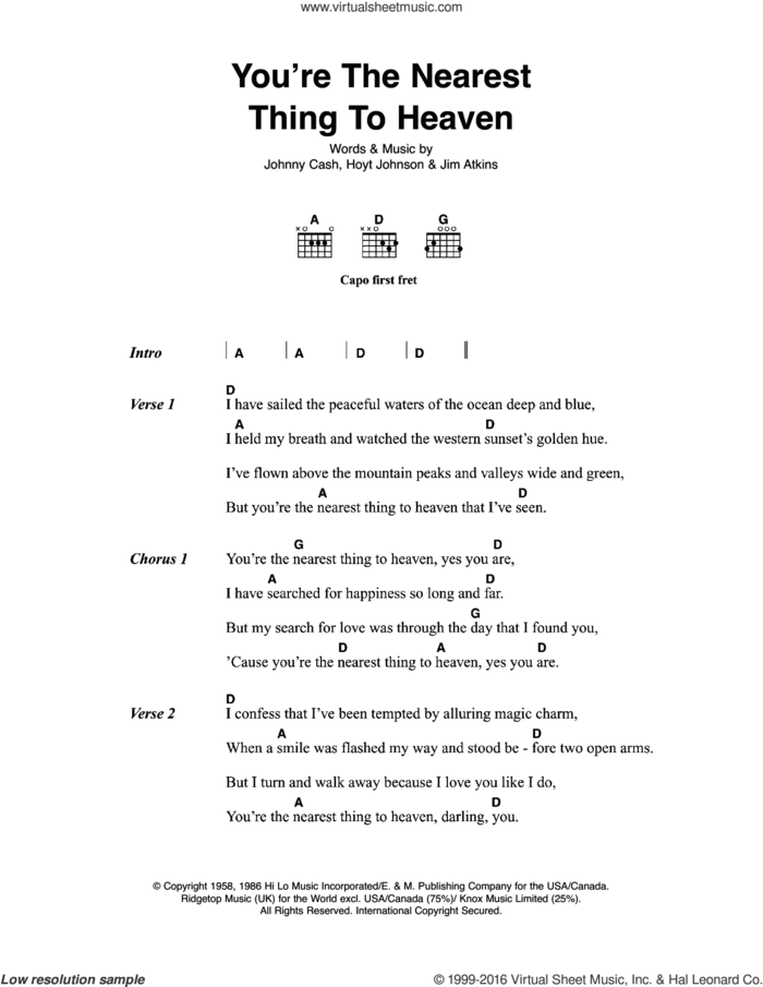 You're The Nearest Thing To Heaven sheet music for guitar (chords) by Johnny Cash, Hoyt Johnson and Jim Atkins, intermediate skill level