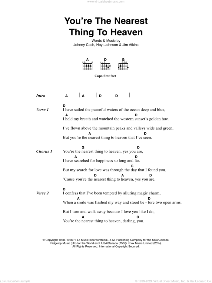 You're The Nearest Thing To Heaven sheet music for guitar (chords) by Johnny Cash, Hoyt Johnson and Jim Atkins, intermediate skill level