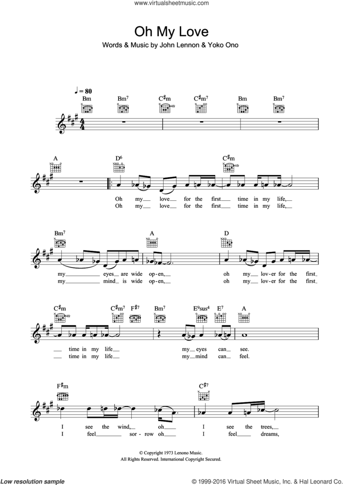 Oh My Love sheet music for voice and other instruments (fake book) by John Lennon and Yoko Ono, intermediate skill level