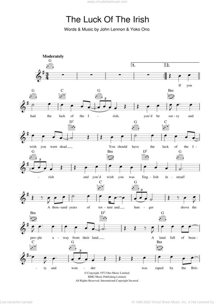 The Luck Of The Irish sheet music for voice and other instruments (fake book) by John Lennon and Yoko Ono, intermediate skill level