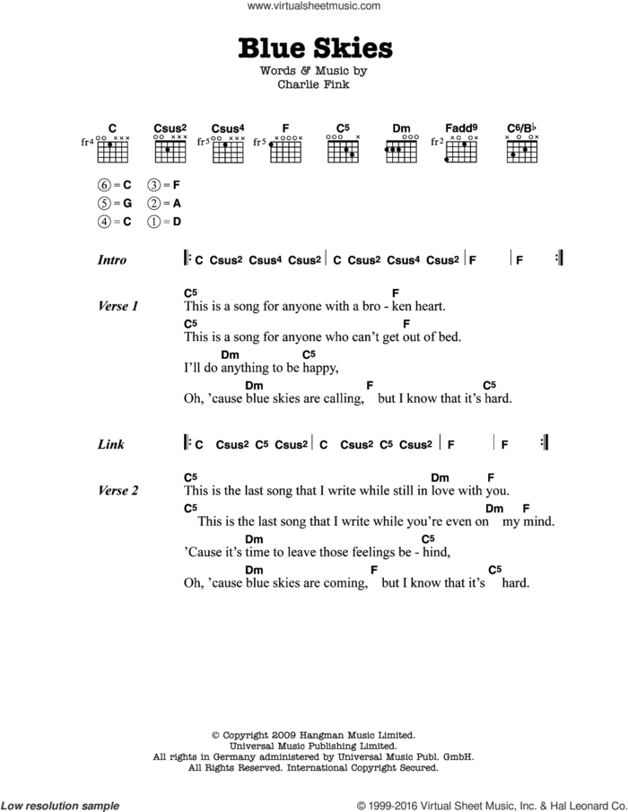 Blue Skies sheet music for guitar (chords) by Noah And The Whale and Charlie Fink, intermediate skill level