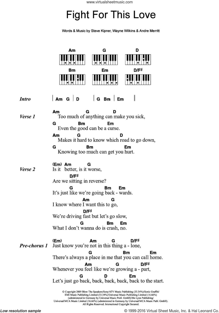 Fight For This Love sheet music for piano solo (chords, lyrics, melody) by Cheryl, Andre Merritt, Steve Kipner and Wayne Wilkins, intermediate piano (chords, lyrics, melody)