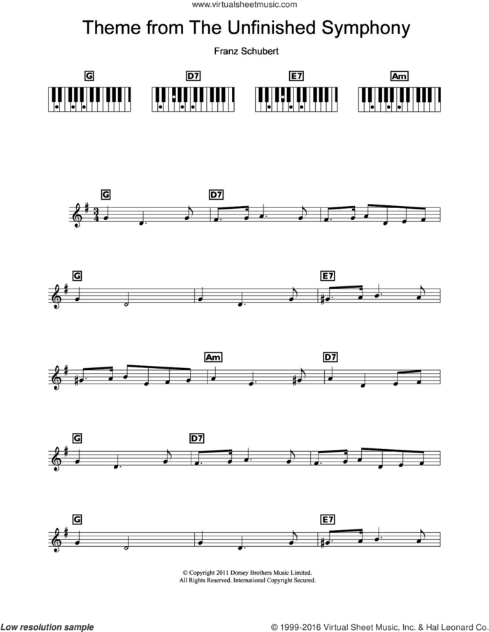 Theme From The Unfinished Symphony sheet music for piano solo (chords, lyrics, melody) by Franz Schubert, classical score, intermediate piano (chords, lyrics, melody)