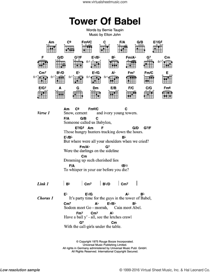 Tower Of Babel sheet music for guitar (chords) by Elton John and Bernie Taupin, intermediate skill level