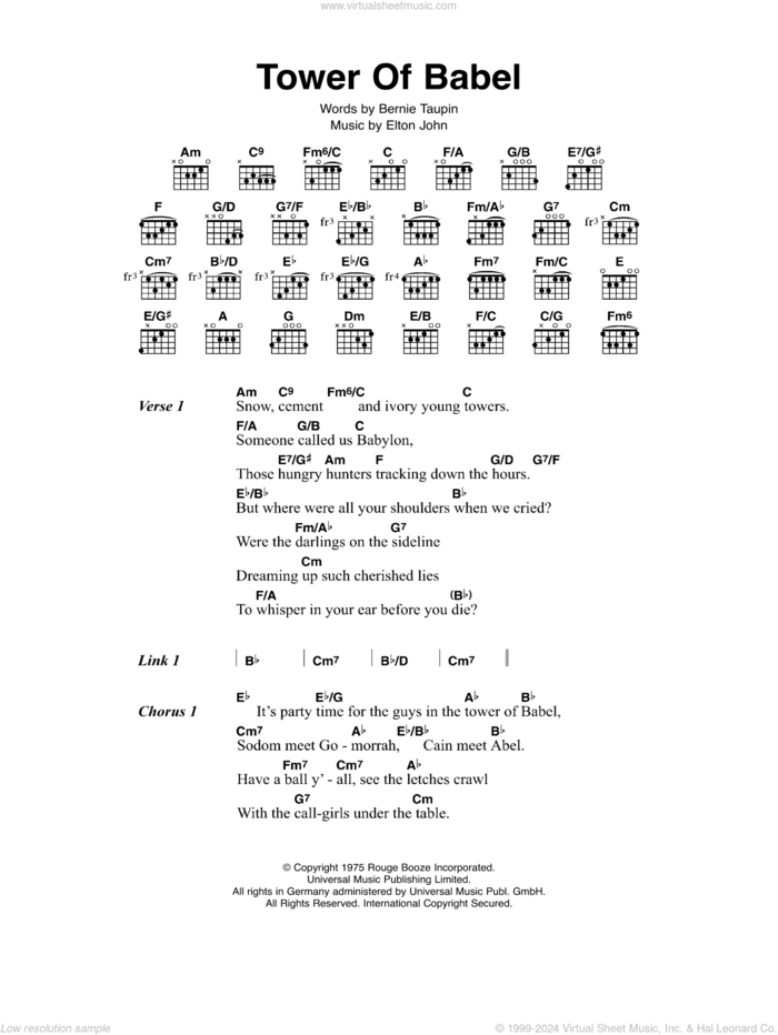 Tower Of Babel sheet music for guitar (chords) by Elton John and Bernie Taupin, intermediate skill level