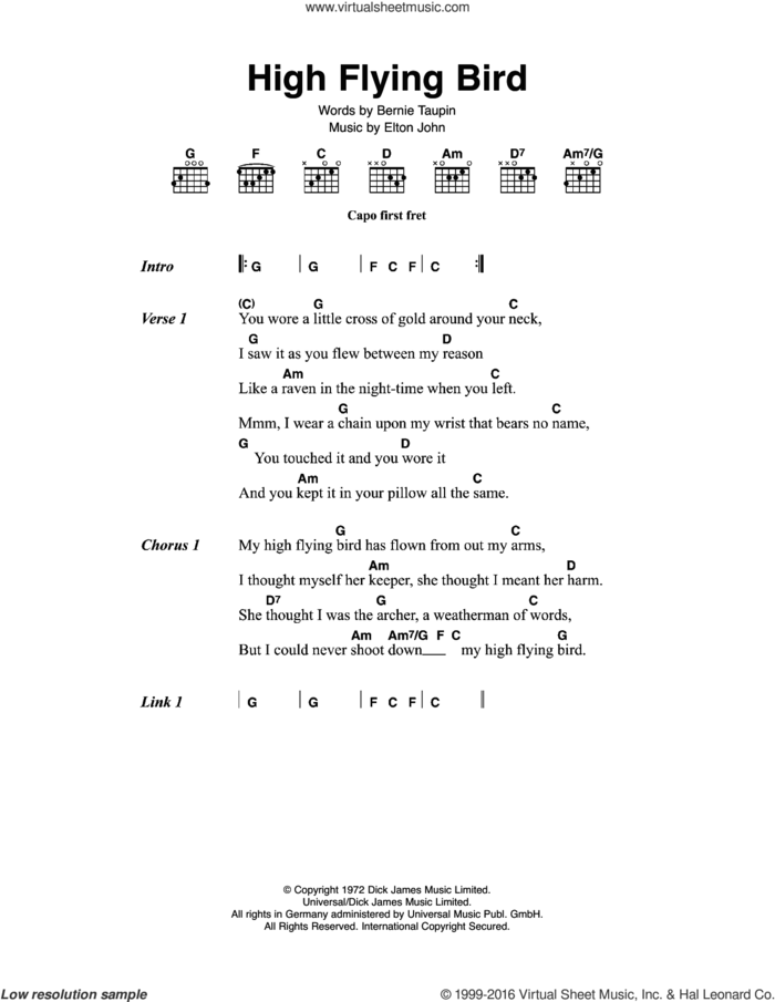 High Flying Bird sheet music for guitar (chords) by Elton John and Bernie Taupin, intermediate skill level