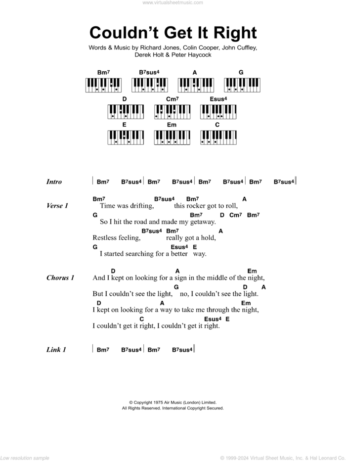 Couldn't Get It Right sheet music for piano solo (chords, lyrics, melody) by Climax Blues Band, Colin Cooper, Derek Holt, John Cuffley, Peter Haycock and Richard Jones, intermediate piano (chords, lyrics, melody)