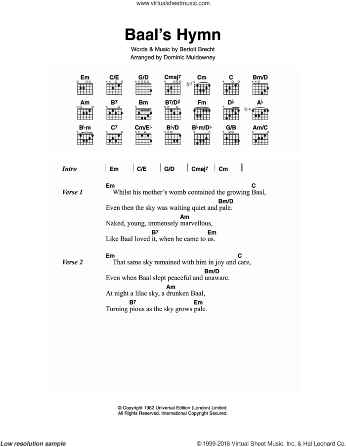 Baal's Hymn sheet music for guitar (chords) by David Bowie and Bertolt Brecht, intermediate skill level