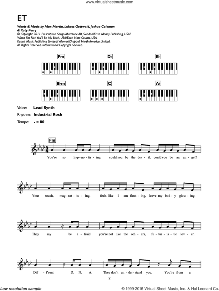 E.T. (featuring Kanye West) sheet music for piano solo (chords, lyrics, melody) by Katy Perry, Kanye West, Joshua Coleman, Lukasz Gottwald and Max Martin, intermediate piano (chords, lyrics, melody)